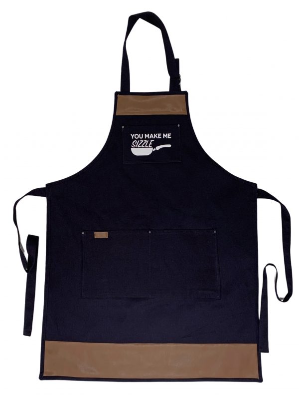 "You Make Me Sizzle" Navy Apron with Tan PU Leather