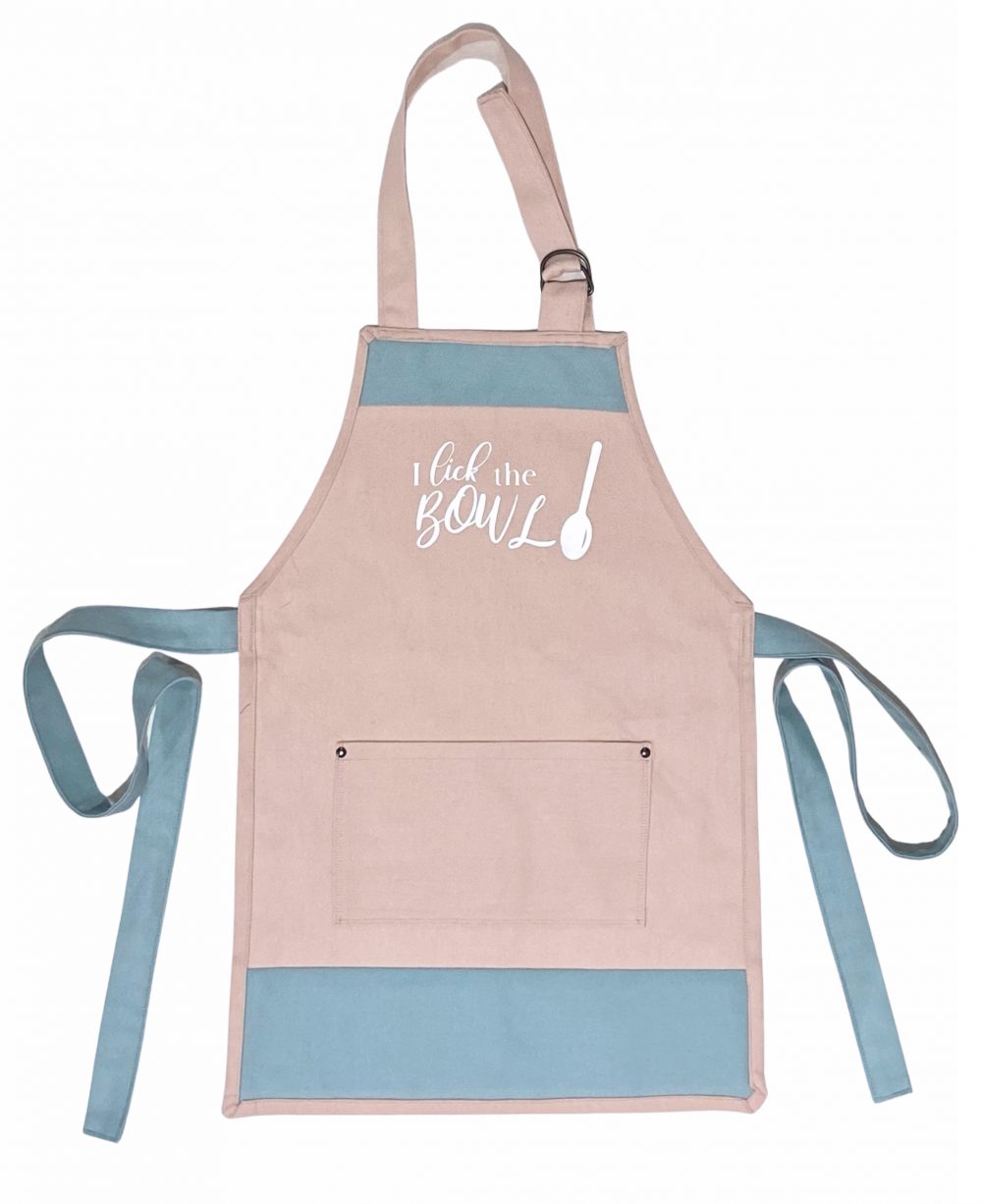 "I Lick The Bowl" Pale Pink Apron with Duck Egg